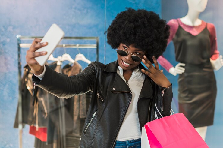 Picture showing a businesswoman displaying her business on social media