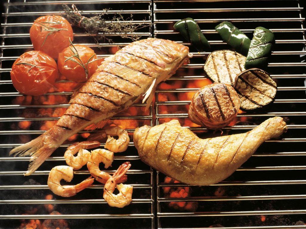 picture showing grilled chicken and fish and vegetables