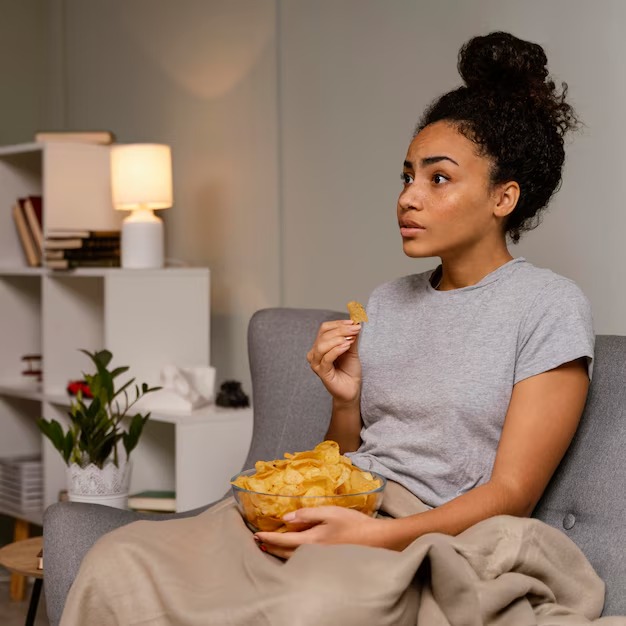 picture showing woman eating comfort snacks for her mental health