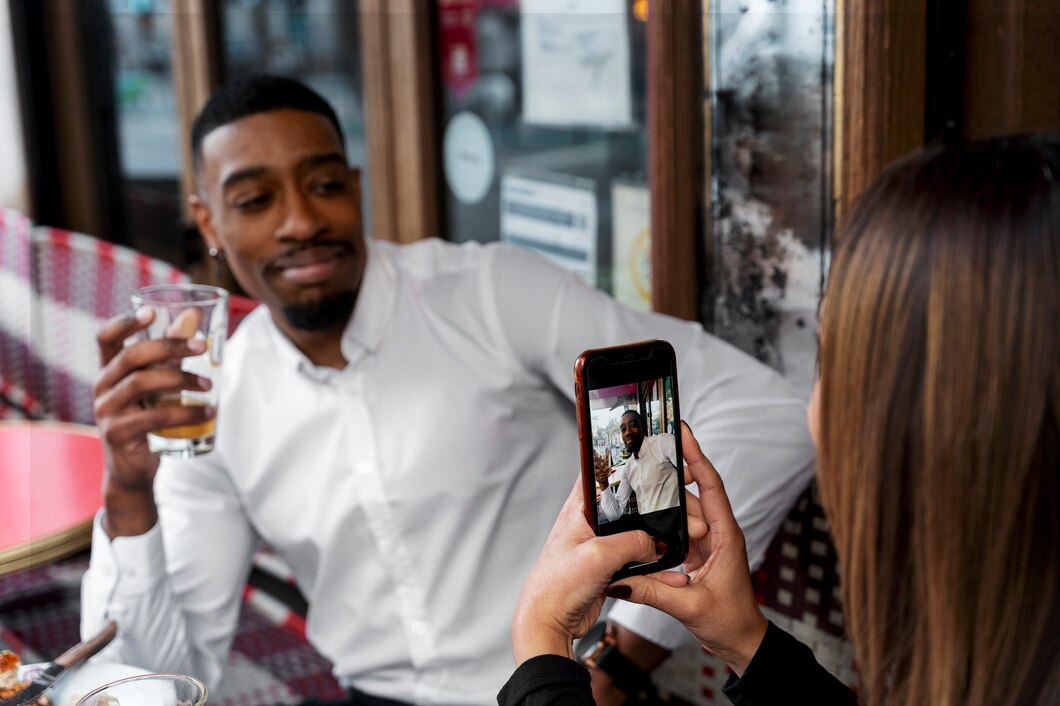 picture showing a content creator making content in a luxury restaurant