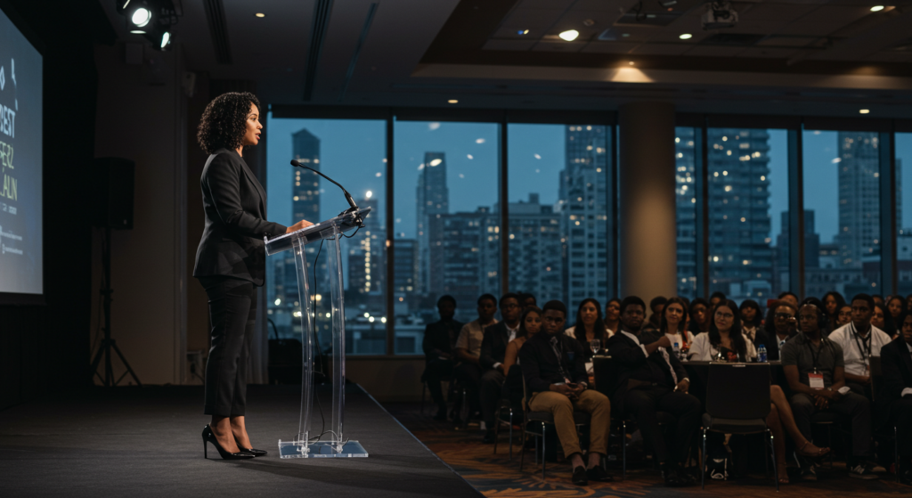 picture showing a finance bro speaking at an event