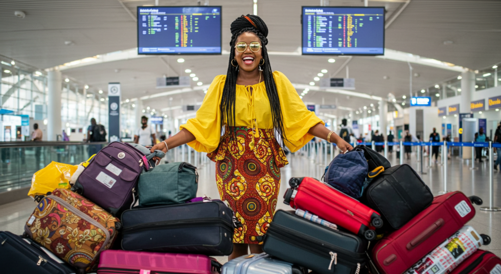 picture showing woman travelling with a lot of bags