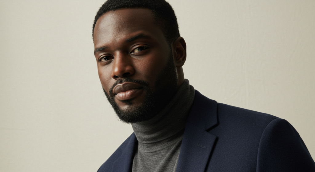 picture showing finance bro wearing a blazer and turtle neck