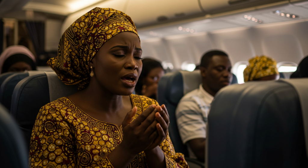 picture showing woman praying loudly in an airplane