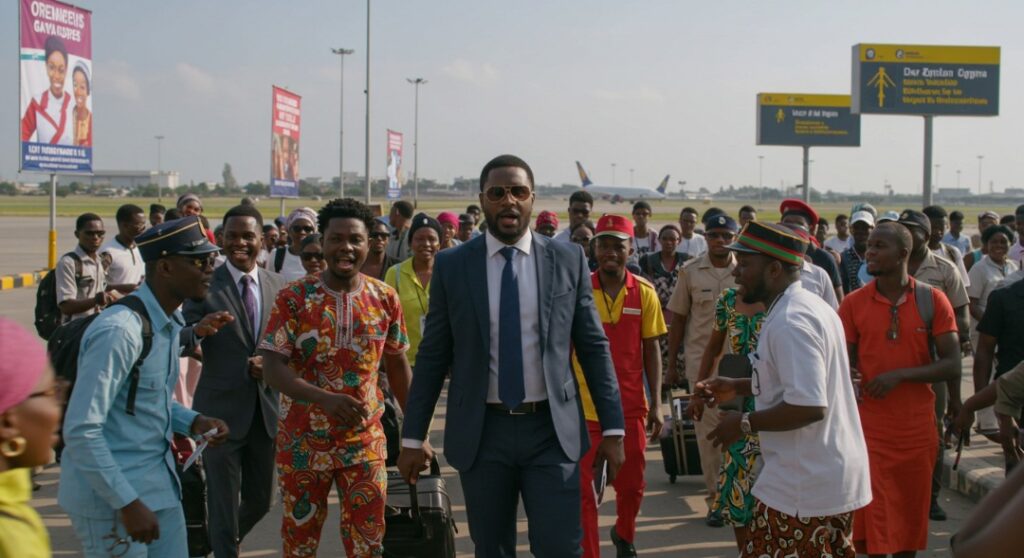 picture showing business man walking briskly to the airport