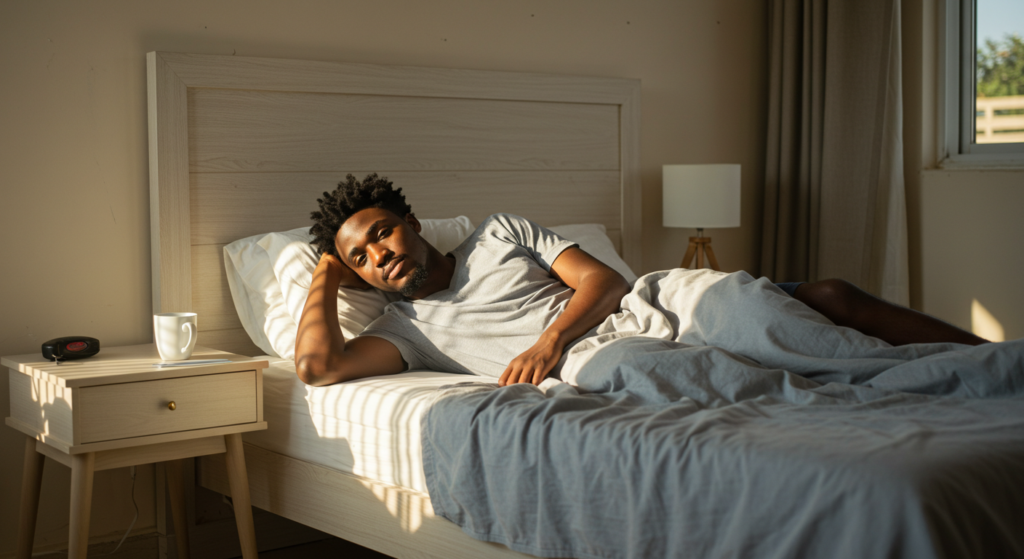 picture showing a young man in bed on a saturday morning