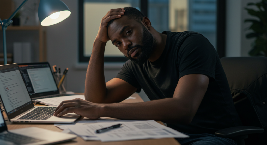 Picture showing a young remote worker sitting at his desk for hours