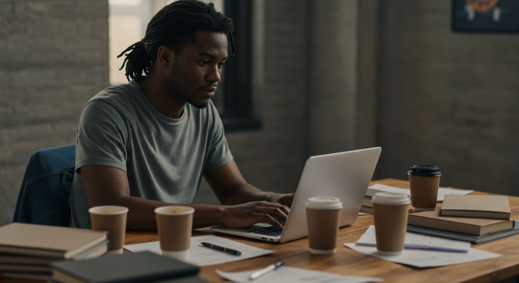 Picture showing a young remote worker sitting at his desk for hours drinking coffee