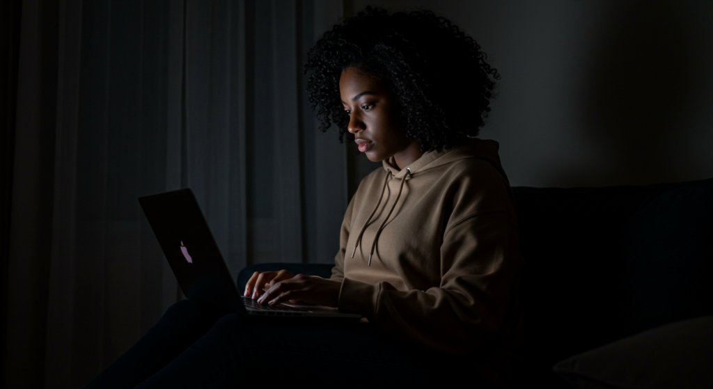 Picture showing a young lady working from home on her laptop in a dark place