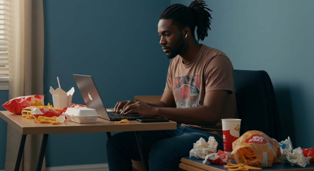 Picture showing a young man working remotely, surrounded by all sorts of junk food