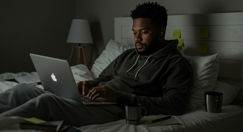 a young man working remotely from his bed
