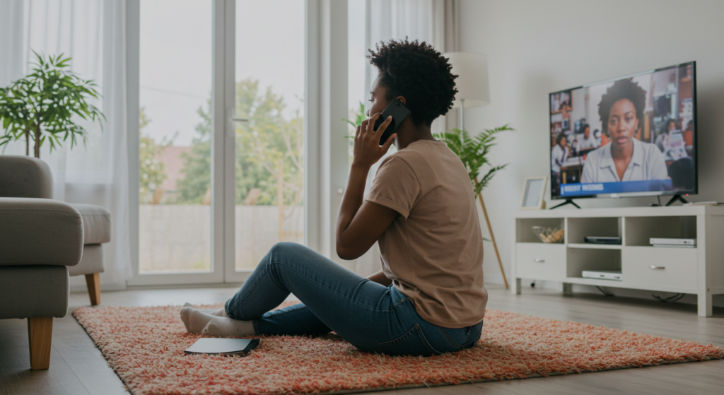 picture showing a young lady blocking out the noise of the tv