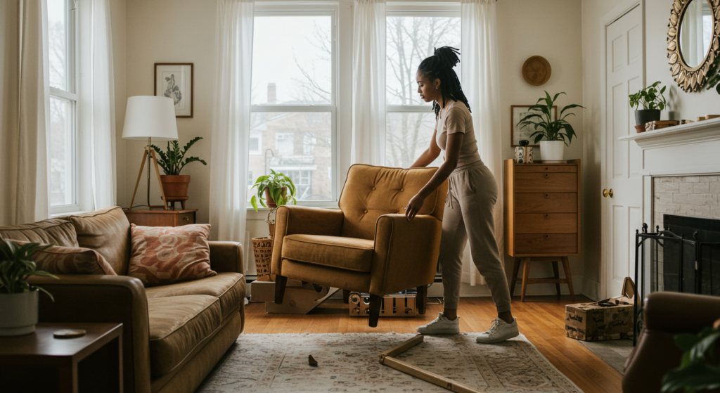 picture showing a young lady re-arranging her house as a means of regaining control over her emotions